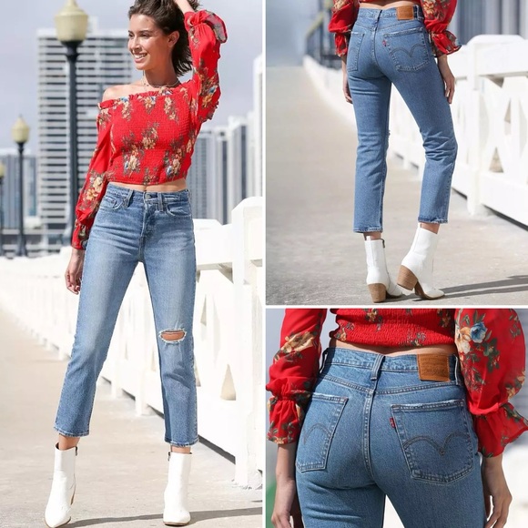 Levi’s Premium Wedgie Straight Jeans Jive Tone Blue Ripped Knee Cropped Ankle 24 - Picture 4 of 16